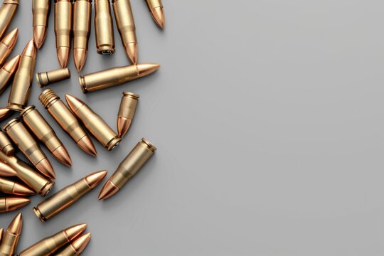 A pile of bullet shells on a gray surface. Suitable for military or crime scene themes