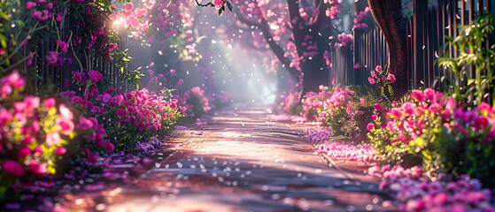 Picturesque Park Path Lined with Blossoming Cherry Trees, Soft Pink Petals Enhancing the Springtime Mood