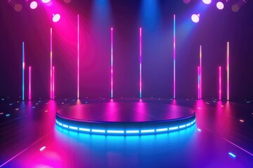 Stage with bright lights and round platform, perfect for event promotions