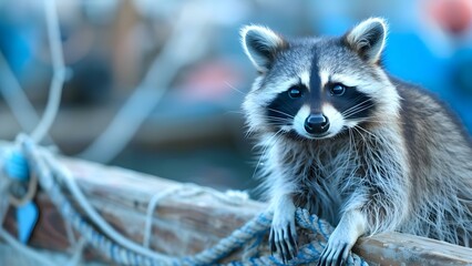 A raccoon in fishing gear patiently waits on a city pier in a quaint coastal village. Concept Photography, Wildlife, Fishing, Coastal Village, Raccoon