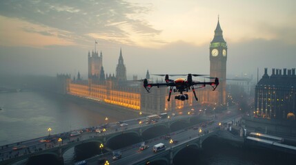 Drone autonomously delivering a package over london's foggy cityscape at dawn