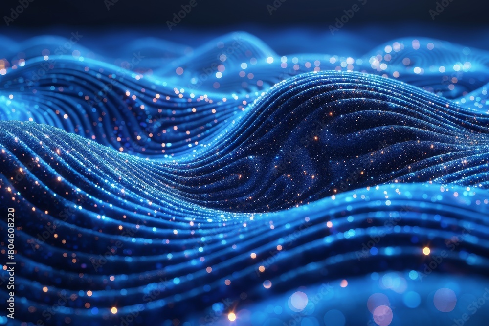 Poster capturing the essence of movement, this image is a blue glowing abstract with wave patterns represen