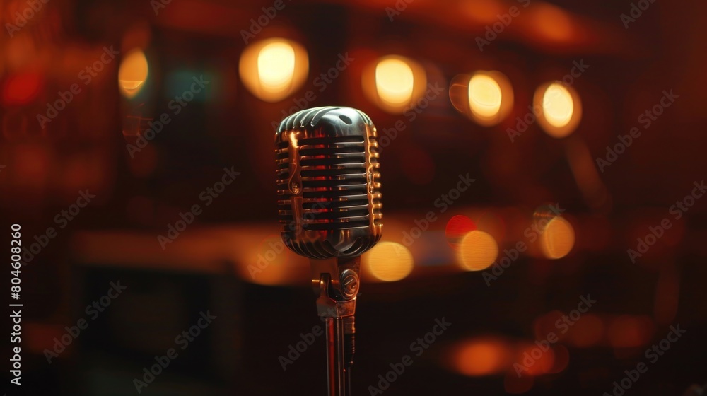 Poster Close up of a microphone with colorful lights in the background. Perfect for music events and performances