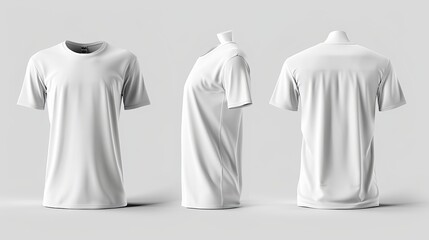Realistic 3D rendering of a white t-shirt, showcasing its slim shape from side, front, and back views against a white background. Ideal for clothing sales and promotions.