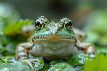 Obraz premium A detailed close-up of a vibrant green frog with big eyes sitting calmly among the green leaves dappled with water droplets
