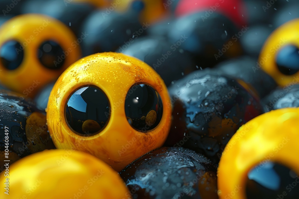 Poster a vivid close-up image capturing reflective yellow and black spheres with a playful and enigmatic qu
