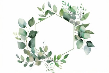 
A hexagonal modern greenery frame featuring hand-drawn floral labels adorned with eucalyptus branches, offering a versatile greeting or wedding template