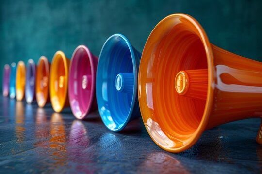 This image displays a striking diagonal line of bright megaphones on a textured surface, invoking a sense of direction