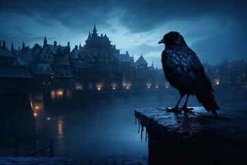 A raven looms ominously in the foreground while a castle emerges from the misty rain in the background against a deep blue backdrop