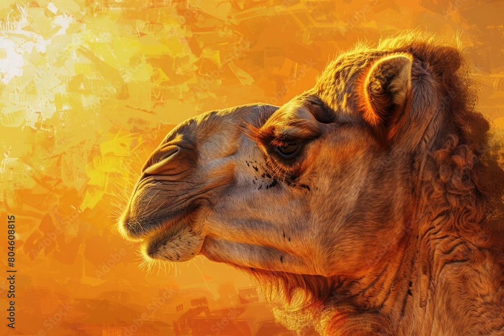 Poster close up of a camel's face on a yellow background, suitable for various design projects