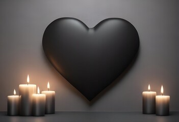 black heart and burning candles on gray background with copy space for obituary notice, funeral announcement, necrology
