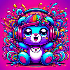 digital art vibrant colorful psychedelic chibi eyed teddy bear with headphones vibin to music