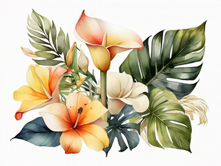 digital watercolor botanical illustration wild tropical flowers isolated on white background Paradise garden Palm leaves monstera calla lily frangipani hydrangea gerber Floral arrangement