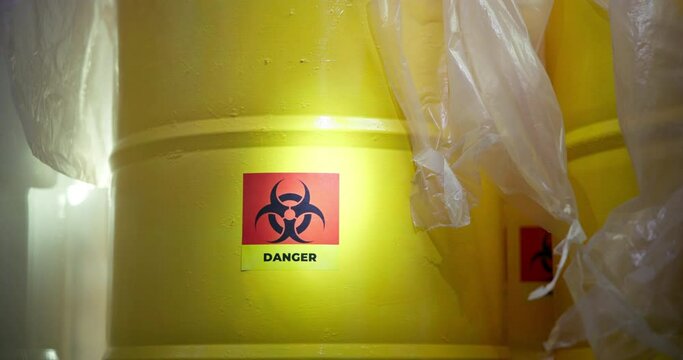 Chemical, toxic waste and hazard in barrel, dangerous and drum with nuclear product. Poison, radiation and radioactive material and ecological disaster, symbol and icon for warning and risk.