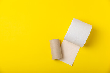 Empty toilet paper roll. Rolls of toilet paper on background. Paper tube of toilet paper. Place for text. Copy space. Flat lay. Eco-friendly reuse recycle