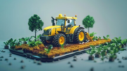 This 3D illustration depicts the smart farming concept, showcasing a tractor on a smartphone and highlighting farm online management and farming control technology online.