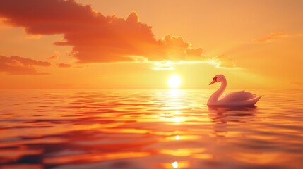   A white swan floats atop a tranquil body of water, surrounded by a moody cloudscape The sun, a distant golden orb, peeks through the breaks in the - Powered by Adobe