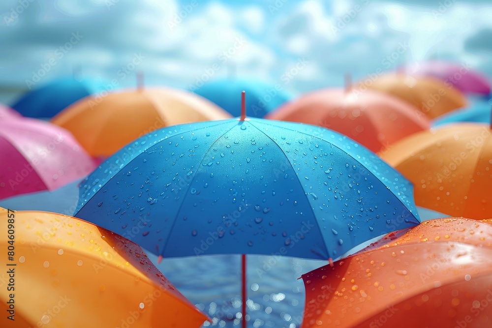 Poster close-up view of raindrops glistening on colorful umbrellas, creating a refreshing and abstract patt