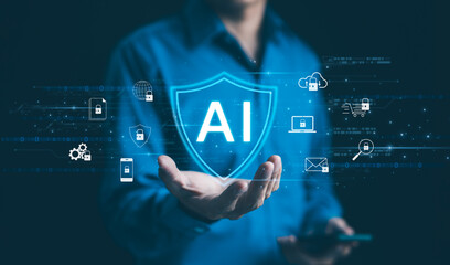 AI Artificial intelligence-powered cybersecurity system concept. Showcases AI-driven cyber security...