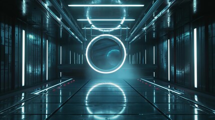 This 3D rendering illustrates an empty dark futuristic sci-fi hall room with lights and a circle-shaped neon light on a reflective surface.