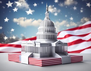 Naklejka premium Majestic Icon: The United States Capitol Building Embraced by the American Flag. Generative AI