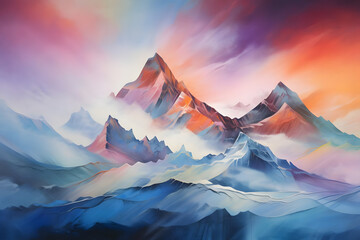 fascinating mountain peak above clouds, abstract landscape art, painting background, wallpaper, generative ai