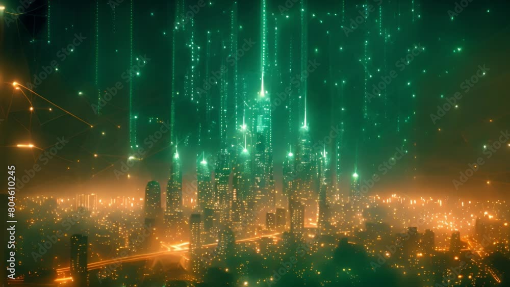 Poster Luminous urban landscape under a cascade of glowing code strands.