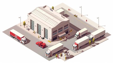 This vector isometric icon or infographic element showcases a low poly factory building, warehouse, office, and semi-trucks with trailers.