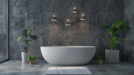 This modern grey bathroom with a bathtub is presented in a 3D rendering.