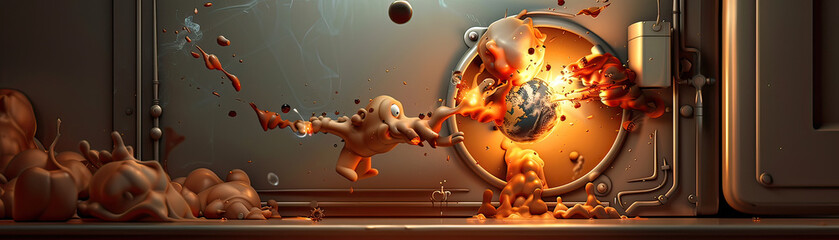 Conceptual depiction of the Earth undergoing a violent, explosive reaction inside a laboratory refrigerator, symbolizing environmental crisis.
