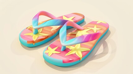 Vector illustration of 3D summer beach flip flops sandals, representing the concept of summertime and the return to travel.