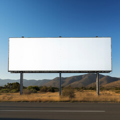 Blank billboard on a highway with scenic mountain backdrop