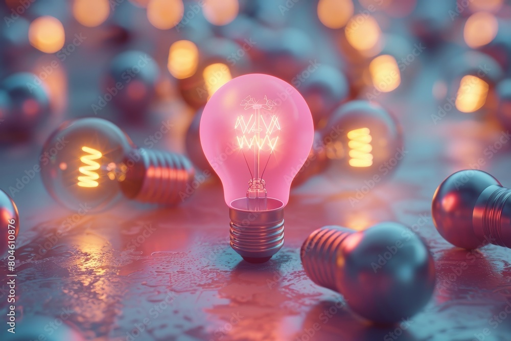 Poster a single light bulb brightly illuminated stands out among many with a distinct glowing pattern, symb