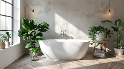 White tub and beautiful plants adorn the bathroom interior, adding to the overall design.