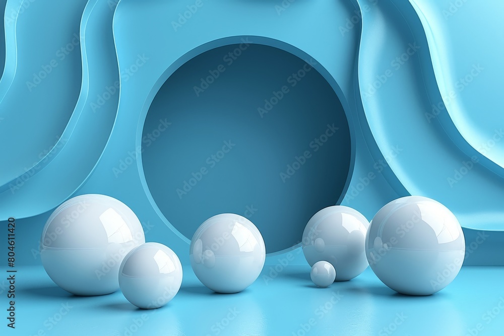 Poster a creative 3d render of pristine white balls near an abstract tunnel structure in a monochromatic se