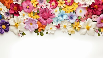 white banner or floral background decorated with gorgeous multicoloured blooming flowers