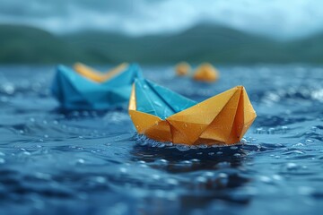 This beautifully captured image features colored origami boats on a rippling water surface, invoking creativity and exploration