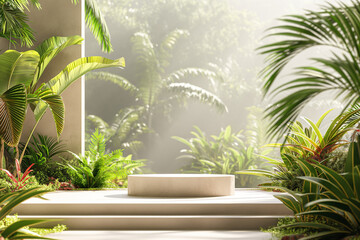 tree in the garden, Against the backdrop of tropical beauty, the podium stands out as a focal point of interest, its clean lines and minimalist design