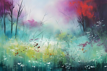 fascinating meadow bordering marsh, abstract landscape art, painting background, wallpaper, generative ai