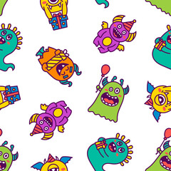 Kawaii cute party monsters. Seamless pattern. Happy birthday gifts, funny alien, greeting cake. Hand drawn style. Vector drawing. Design ornaments.