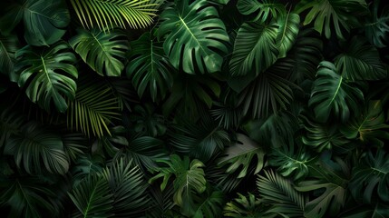   A tight shot of various plants, their verdant leaves dominating both the image's upper and lower halves