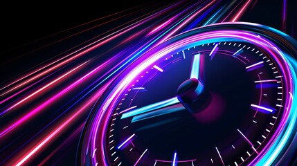 A dial with fast-moving hands is depicted against a black background with neon lights on the sides of its body. 