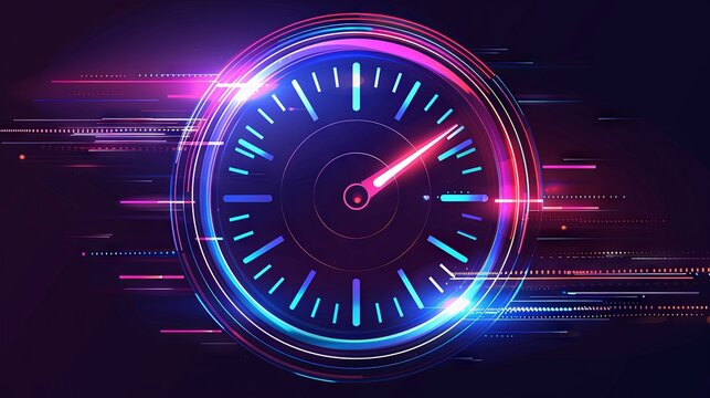 A dial with fast-moving hands is depicted against a black background with neon lights on the sides of its body. 