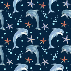 Dolphins, starfish, isolated on a color background. Hand drawn watercolor illustration. Seamless pattern.