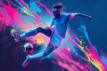 Digital art illustration of soccer players in action with the ball. Neon colors concept. Splash background.