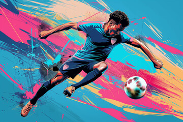 Digital art illustration of soccer players in action with the ball. Neon colors concept. Splash background.