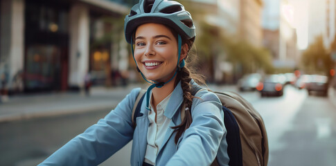Portrait of a smiling woman wearing a helmet and jacket riding a bicycle in the city, closeup. A happy young female on a bike going to work with a backpack during day time