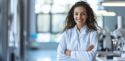 Portrait of beautiful young woman scientist in white coat with arms crossed smiling at camera standing by laboratory table, closeup shot, blurred background, copy space concept