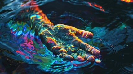 Surreal depiction of a hand with a vivid and distorted reflection, set against a dark background.