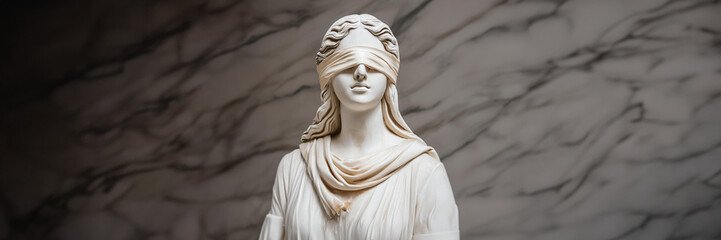 Illustration of blindfolded Lady Justice. Close up visage of a sculpture of Themis, blindfold impartiality. Grey marble background. Space for text, light theme background, isolated.